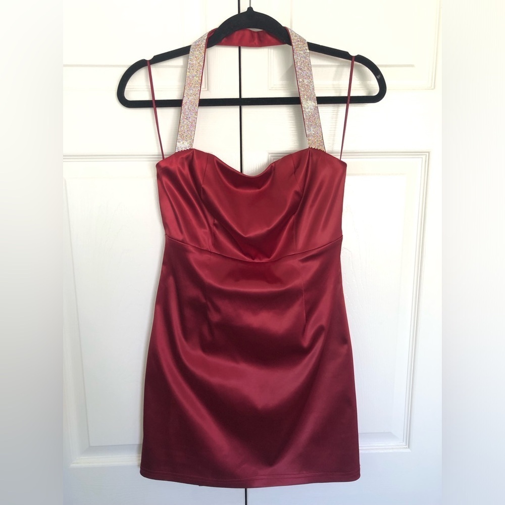 Burgundy Red Satin Mini Dress with AB Rhinestone Detail Size L